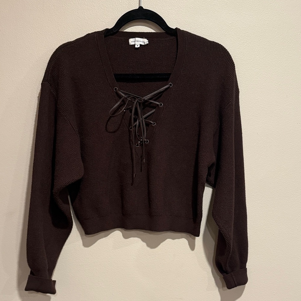 Good American Chocolate Brown Knit Top with lace up v-neck Stylish fashionable